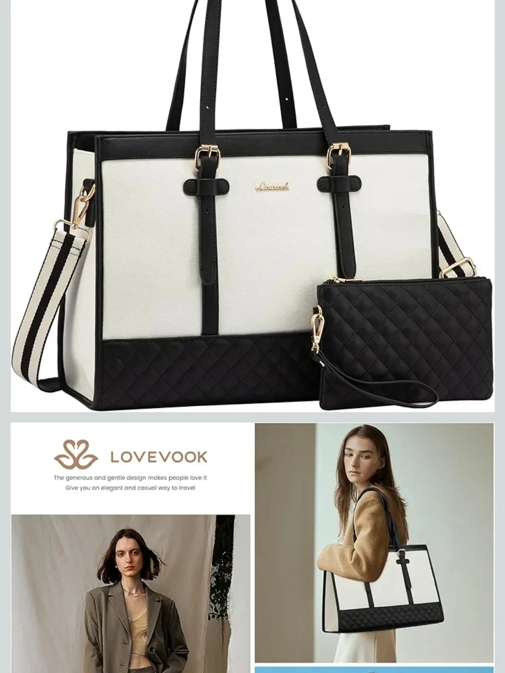 Black & White Women's Laptop Tote Bag with Clutch